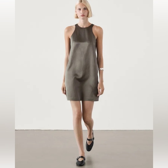 NWT‎ Massimo Dutti Flowing Satin Mini Dress In Grey With Pockets Size Medium - Picture 1 of 14